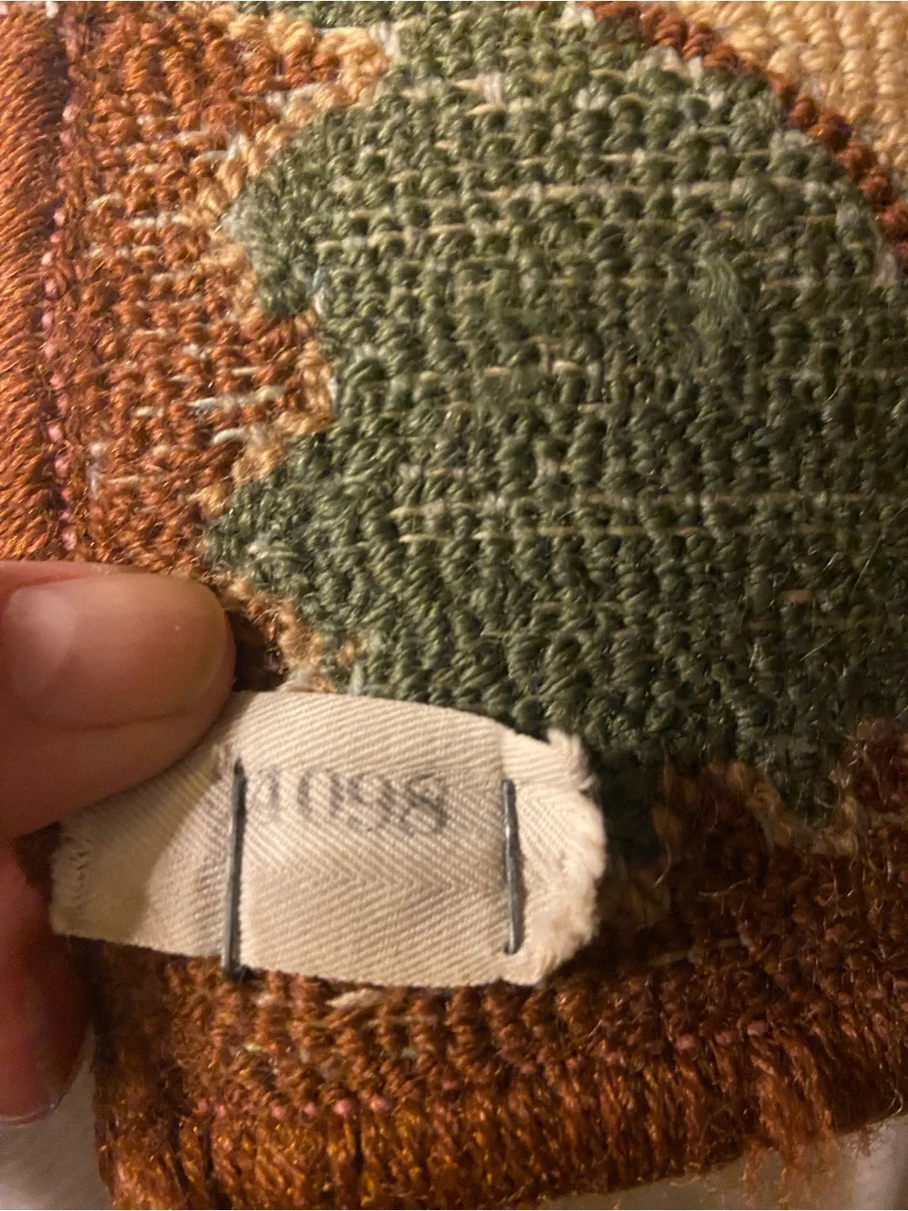 VTG Textured Wool w/Green and Brown Hooked Playing Cards Design 25 x 27”